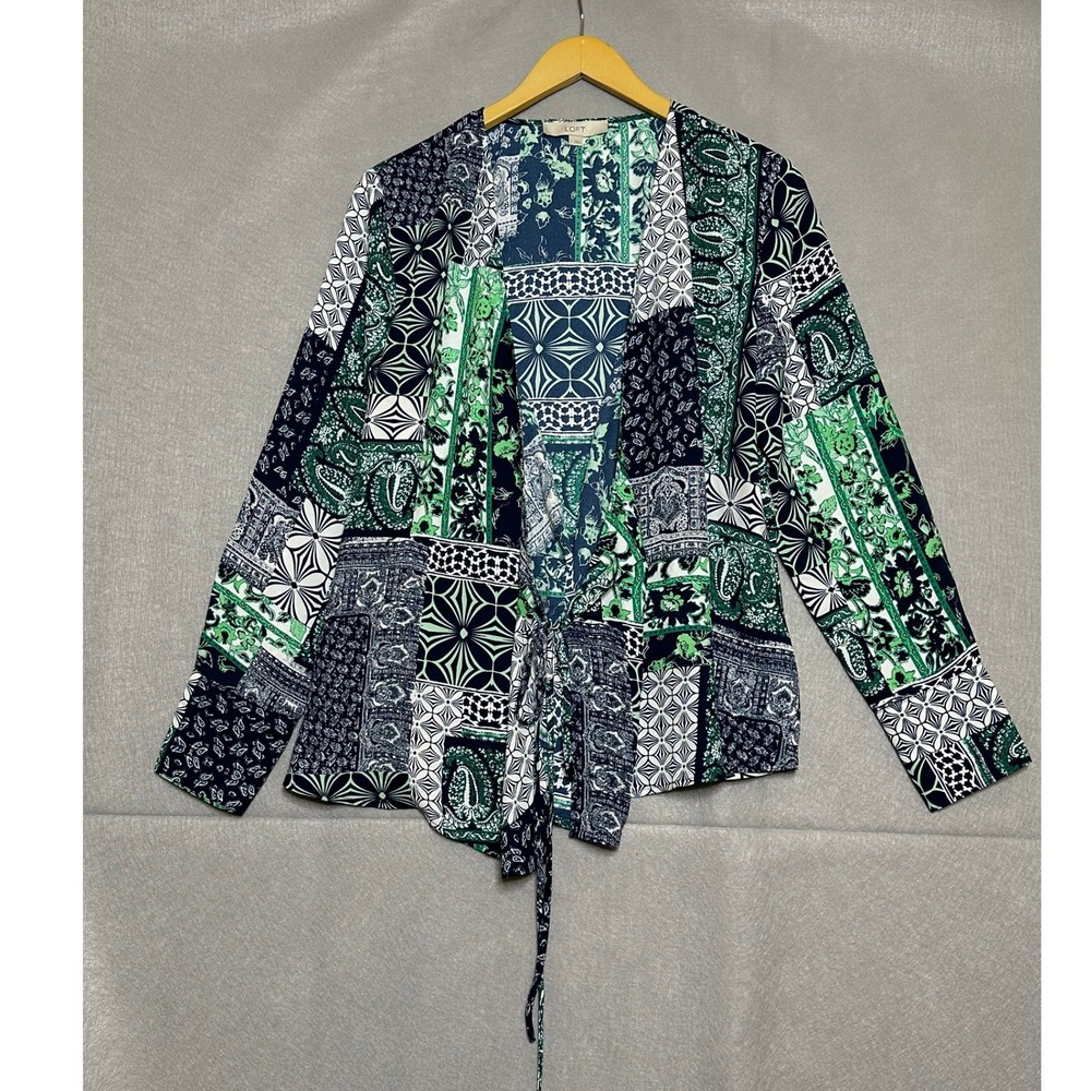 Loft Womens Wrap Top L Green Good Patchwork Paisley Boho Eclectic Mixed Print